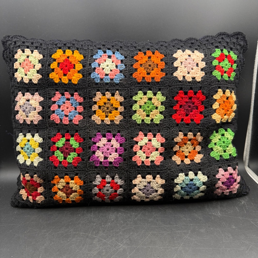 Vtg Granny Square Crochet Throw Pillow Multi Color Boho 18x14